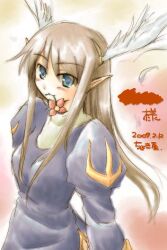 1girl 2000s_(style) blue_dress blue_eyes blush breasts brown_hair closed_mouth commentary_request dated dress exp_mochi feathered_wings flower flower_in_mouth head_wings juliet_sleeves long_hair long_sleeves looking_at_viewer medium_breasts pink_background pink_flower pointy_ears priest_(ragnarok_online) puffy_sleeves ragnarok_online smile solo upper_body white_wings wings