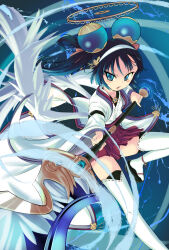 Rule 34 | 1girl, black hair, blue eyes, emil chronicle online, geta, hair ornament, hairband, highres, holding, holding weapon, japanese clothes, long hair, mitama ruri, open mouth, the-ta, thighhighs, thighs, twintails, weapon, white hairband, white thighhighs, white wings, wings
