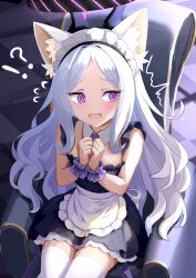 1girl @_@ absurdres alternate_costume animal_ear_fluff animal_ears apron bare_arms black_dress blue_archive blush cat_ears cat_girl demon_girl demon_horns demon_wings detached_collar double-parted_bangs dress halo highres hina_(blue_archive) horns long_hair looking_to_the_side maid maid_apron maid_headdress open_mouth purple_eyes purple_halo sitting sleeveless sleeveless_dress solo teritama_(teritama_house) thighhighs white_apron white_hair white_thighhighs wings wrist_cuffs