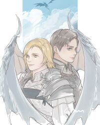2boys armor black_hair blonde_hair couple cropped_torso dion_lesage dragon dragoon fantasy final_fantasy final_fantasy_xvi highres knight multiple_boys terrence_(ff16) yaoi