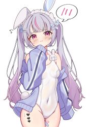 1girl animal_ear_hairband animal_ears bandaid_on_thigh bare_shoulders blush breasts closed_mouth covered_navel cowboy_shot fake_animal_ears hairband heart highres jacket leotard long_hair long_sleeves looking_at_viewer multicolored_hair off_shoulder rabbit_ear_hairband rabbit_ears red_eyes simple_background sleeveless sleeves_past_fingers sleeves_past_wrists solo speech_bubble tosaki_mimi towa_12220611 twintails very_long_hair white_background