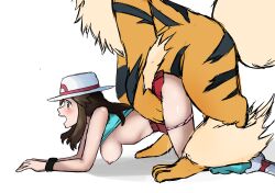 1girl 1other absurdres animal_penis arcanine bestiality breasts brown_eyes brown_hair clothing_aside dog doggystyle gen_1_pokemon hat highres interspecies leaf_(pokemon) long_hair nintendo nipples nivi open_mouth panties_around_leg penis pokemon pokemon_frlg pokephilia sex sex_from_behind shirt shoes skirt socks wristband