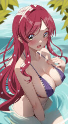 1girl absurdres akihiro0920 bikini blush breasts cleavage day eyeshadow flower green_eyes hair_flower hair_ornament halterneck hanazono_hahari hand_on_own_chest happy_birthday highres kimi_no_koto_ga_dai_dai_dai_dai_daisuki_na_100-nin_no_kanojo large_breasts leaf long_hair looking_at_viewer makeup mole mole_under_eye multi-strapped_bikini_top open_mouth parted_bangs parted_lips partially_submerged pink_hair purple_bikini red_eyeshadow see-through_cleavage see-through_clothes single_hair_intake solo swimsuit very_long_hair water