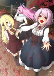 Rule 34 | 3girls, :d, animal ears, autumn leaves, black pantyhose, black skirt, blonde hair, blue skirt, blush, breasts, brown shoes, center frills, closed mouth, collared shirt, commentary request, fake animal ears, frills, full body, hair over one eye, high-waist skirt, highres, leaf, long hair, long sleeves, maple leaf, multiple girls, open mouth, original, pantyhose, pink hair, pleated skirt, puffy long sleeves, puffy sleeves, red eyes, red skirt, shirt, shoes, signature, skirt, smile, standing, takatun223, tongue, virgin killer outfit, white shirt