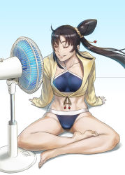 1girl azasuke barefoot bikini black_hair blue_bikini breasts closed_eyes collarbone electric_fan eyelashes fate/grand_order fate_(series) feet grin groin hand_fan highres indian_style jacket long_hair long_sleeves midriff navel side_ponytail sitting sleeves_past_wrists smile solo spread_legs swimsuit ushiwakamaru_(fate) ushiwakamaru_(swimsuit_assassin)_(fate) ushiwakamaru_(swimsuit_assassin)_(first_ascension)_(fate) very_long_hair