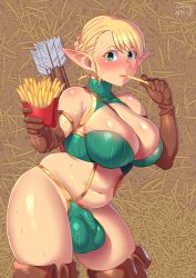 1futa 2019 allurmilk artist_name bare_shoulders blonde_hair blush boots braid breast_shadow breasts bulge cleavage closed_mouth covered_testicles dated eating elf elf-san_wa_yaserarenai. elfuda_(elf-san_wa_yaserarenai.) food french_fries french_fry_background futanari gloves green_eyes holding holding_food holding_french_fry large_breasts looking_at_viewer navel plump pointy_ears shadow short_hair smile solo standing sweat testicles