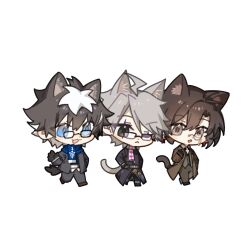 Rule 34 | 3boys, :d, ;3, ahoge, aqua socks, belt, bespectacled, black bow, black bowtie, black coat, black eyes, black gloves, black hair, black jacket, black pants, black shoes, black sweater, blue eyes, blue scarf, bow, bowtie, brown coat, brown pants, brown shoes, brown vest, charlemagne (fate), chibi, chibi only, closed mouth, coat, collared shirt, constantine xi (fate), earrings, facial mark, fate/grand order, fate (series), full body, glasses, gloves, grey hair, hair between eyes, hand in pocket, hand on own hip, hand up, highres, idass (idass16), jacket, james moriarty (ruler) (fate), jewelry, lightning ahoge, long sleeves, looking at another, male focus, monocle, multicolored hair, multiple boys, official alternate costume, one eye closed, open clothes, open coat, open hand, open mouth, pants, parted lips, scarf, shirt, shoes, short hair, side-by-side, sideways glance, simple background, single glove, smile, socks, streaked hair, sweater, swept bangs, two-tone hair, vest, walking, white background, white hair, white scarf, white shirt