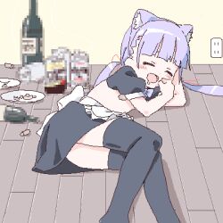 1girl alcohol animal_ear_hairband animal_ears apron arm_behind_head arm_pillow bandaid bandaids_on_nipples black_skirt black_sleeves black_thighhighs blunt_bangs blush bottle bow bowtie can cat_ear_hairband cat_ears censored clenched_hand closed_eyes cork drink_can drooling drunk electrical_outlet fake_animal_ears feet_out_of_frame flat_chest hair_ribbon hairband hand_up indoors lokulo-chan_(lokulo_no_mawashimono) lokulo_no_mawashimono loli long_hair low_twintails lowres lying mosaic_censoring on_floor on_side open_mouth original pasties plate puffy_short_sleeves puffy_sleeves purple_bow purple_bowtie purple_hair red_ribbon ribbon short_sleeves shrug_(clothing) skirt smile solo strong_zero thighhighs topless_female twintails underage_drinking waist_apron wine_bottle wooden_floor