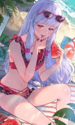 Rule 34 | 1girl, absurdres, agria (midsummer girl) (tales), agria (tales), ball, beach, beachball, bikini, blunt bangs, blush, bucket, commission, eating, eyewear on head, food, freckles, frilled bikini, frills, fruit, hair rings, highres, innertube, licking, licking finger, long hair, looking at viewer, low-tied sidelocks, nail polish, navel, ocean, official alternate costume, purple eyes, red bikini, red nails, sand, sand bucket, shade, shovel, sidelocks, sunglasses, swim ring, swimsuit, tales of (series), tales of asteria, tales of the rays, tales of xillia, tongue, tongue out, towel, watermelon, watermelon seeds, watermelon slice, wawatiku, white hair