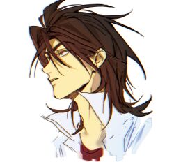1boy brown_eyes brown_hair chromatic_aberration commentary cropped_shoulders dixinyinli english_commentary hair_between_eyes highres isoi_reiji long_bangs male_focus medium_hair open_clothes open_shirt red_shirt saibou_shinkyoku sanpaku shirt simple_background solo white_background white_shirt