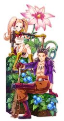 Rule 34 | 1boy, 1girl, belt, berry, bike shorts, bike shorts under skirt, black shirt, black shorts, blonde hair, blue eyes, boots, breasts, brown belt, brown hair, club, club (weapon), commentary request, crossed legs, cube, dragon quest, dragon quest builders 2, dress, earrings, female builder (dqb2), flower, fringe trim, gloves, glowing, hair horns, hair pulled back, hair ribbon, hammer, high-waist pants, hoop earrings, jewelry, looking at viewer, low ponytail, neckerchief, necklace, open clothes, open shirt, orange pants, pants, pink flower, planted, planted club, pointy ears, ponytail, purple shirt, red belt, red boots, red dress, red eyes, red gloves, red ribbon, ribbon, shirt, shirt under dress, shorts, sidoh (dqb2), silver earrings, sitting, small breasts, smile, spiked club, spiked hair, toned, toned male, tooth necklace, twintails, two-tone dress, tzgn, weapon, white dress, yellow boots, yellow gloves, yellow neckerchief