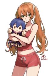 1girl artist_name blue_hair breasts camisole character_doll cleavage closed_mouth collarbone commentary commission english_commentary fire_emblem fire_emblem_awakening green_eyes hair_between_eyes highres hugging_doll hugging_object long_hair looking_at_viewer medium_breasts midriff morgan_(fire_emblem) morgan_(male)_(fire_emblem) navel nintendo orange_hair red_camisole red_shorts rotomdocs severa_(fire_emblem) shorts signature simple_background solo spaghetti_strap standing thighs twintails watermark white_background