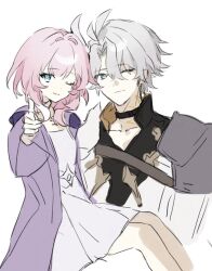 1boy 1girl ;) aoobii black_choker blue_eyes breasts choker coat commentary_request cyrene_(honkai:_star_rail) dress gold_tattoo hair_ornament highres honkai:_star_rail honkai_(series) looking_at_viewer neck_tattoo one_eye_closed phainon_(honkai:_star_rail) pink_hair purple_coat short_hair simple_background small_breasts smile tattoo white_background white_coat white_dress white_hair wilted_ahoge