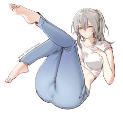 1girl alternate_costume ass barefoot breasts commentary cropped_shirt denim english_commentary feet_up grey_hair highres honkai:_star_rail honkai_(series) jeans medium_breasts medium_hair midriff nevercrymoon pants ponytail shirt simple_background soles solo stelle_(honkai:_star_rail) toes trailblazer_(honkai:_star_rail) white_background white_shirt yellow_eyes