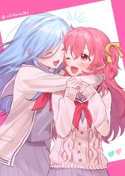 2girls arms_around_neck blue_hair brown_jacket cardigan closed_eyes commentary fang grey_shirt grey_skirt hair_ribbon harusawa heart highres hinomori_shizuku hug jacket long_hair looking_at_another mole mole_under_mouth momoi_airi multiple_girls neckerchief one_eye_closed open_clothes open_jacket open_mouth pink_background pink_eyes pink_hair pleated_skirt project_sekai red_neckerchief ribbon school_uniform shirt skirt smile symbol-only_commentary two-tone_background upper_body white_background white_cardigan yellow_ribbon yuri
