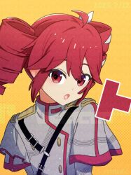 1girl :o ahoge buttons commentary double-breasted drill_hair fin_gocco grey_jacket hair_ribbon jacket kasane_teto kasane_teto_(sv) looking_at_viewer open_mouth red_eyes red_hair ribbon short_hair solo synthesizer_v twin_drills upper_body utau white_ribbon yellow_background