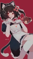 Rule 34 | &gt; &lt;, 2others, alternate costume, anger vein, animal ear hairband, animal ears, annoyed, apron, black dress, black hairband, black tail, brown hair, cat ear hairband, cat ears, cat tail, center-flap bangs, chara (undertale), commentary request, double-parted bangs, dress, enmaided, fake animal ears, feet out of frame, frilled apron, frilled dress, frilled gloves, frilled hairband, frilled sleeves, frills, frisk (undertale), gloves, hair between eyes, hairband, hands up, hanicake, heart, highres, knees up, leaning back, maid, maid apron, multiple others, one side up, open mouth, outline, over-kneehighs, own hands together, puffy short sleeves, puffy sleeves, red background, red eyes, ribbon, ribbon-trimmed hairband, short hair, short sleeves, sideways glance, simple background, solo focus, tail, thighhighs, tongue, undertale, v-shaped eyebrows, white apron, white gloves, white outline, white ribbon, white thighhighs