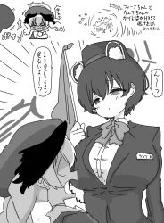Rule 34 | &gt; &lt;, 2girls, animal ears, beret, blank eyes, blazer, blue archive, blush, bow, bowtie, breasts, commentary request, dress shirt, extra ears, flag, flying sweatdrops, garrison cap, gloves, greyscale, halo, hat, head wings, highres, holding, holding flag, huge breasts, jacket, koharu (blue archive), monochrome, multiple girls, name tag, nervous sweating, nishino hikoji, official alternate costume, raccoon ears, shirt, short hair, simple background, speech bubble, sweat, translation request, tsubaki (blue archive), tsubaki (guide) (blue archive), twintails, white background, wings