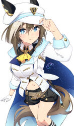 Rule 34 | 1girl, absurdres, animal ears, belt, blush, breasts, brown hair, cape, cheval grand (umamusume), closed mouth, commentary request, d04te2cute, hair between eyes, hair ornament, hat, highres, horse ears, horse girl, looking at viewer, midriff, navel, shorts, smile, solo, umamusume, white background
