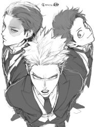 3boys bakugou_katsuki boku_no_hero_academia clenched_teeth collared_shirt formal_clothes freckles from_above furrowed_brow greyscale hair_slicked_back highres jacket lllistn looking_at_viewer male_focus midoriya_izuku monochrome multicolored_hair multiple_boys necktie open_mouth parted_lips scar scar_across_eye scar_on_face shirt short_hair smile spiked_hair suit suit_jacket teeth todoroki_shoto two-tone_hair white_background white_shirt