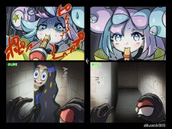 Rule 34 | 2girls, artist name, bare shoulders, black hair, black jacket, blue hair, blue shirt, bow-shaped hair, character hair ornament, commentary request, criss-cross halter, dark-skinned female, dark room, dark skin, fake hair bun, geeta (pokemon), gen 1 pokemon, h renah, hair ornament, halter shirt, halterneck, highres, holding, holding poke ball, horror (theme), iono (pokemon), jacket, long hair, long sleeves, magnemite, multicolored hair, multiple girls, neck ribbon, nintendo, open mouth, oversized clothes, pink hair, poke ball, poke ball (basic), poke flute, pokemon, pokemon sv, raised eyebrows, ribbon, shirt, split-color hair, sweat, teeth, translation request, upper body, upper teeth only, x, yellow jacket, yellow ribbon