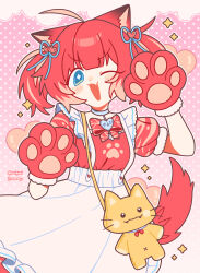 Rule 34 | 1girl, absurdres, ahoge, akami karubi, animal bag, animal ears, animal hands, apron, bag, blue eyes, bow, bowtie, choker, crazy raccoon, dress, dyed ahoge, fang, frilled apron, frills, gloves, gradient background, hair ribbon, hashtag-only commentary, highres, maid apron, multicolored hair, name tag, one eye closed, onigiwi2namayo, open mouth, orange hair, paw gloves, paw print, pink background, polka dot, polka dot background, puffy short sleeves, puffy sleeves, raccoon ears, raccoon girl, raccoon tail, red bow, red bowtie, red dress, red eyes, red hair, ribbon, short hair, short sleeves, shoulder bag, skin fang, smile, solo, tail, twintails, twitter username, two-tone hair, v-shaped eyebrows, virtual youtuber, white apron