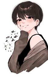 Rule 34 | 1girl, absurdres, black eyes, black hair, black nails, earrings, grin, highres, index finger raised, jewelry, koucha (pankeki koucha), looking at viewer, original, piercing, short hair, simple background, sleeves past wrists, smile, solo, tomboy