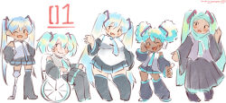 Rule 34 | 5girls, afro puffs, aqua hijab, breasts, dark-skinned female, dark skin, fat, fat woman, hatsune miku, headscarf, highres, hijab, hijab as hair, medium breasts, modesty cover, multiple girls, multiple persona, muslim, necktie, prosthesis, prosthetic leg, skirt, small breasts, twintails, vocaloid, wheelchair, xixiriima