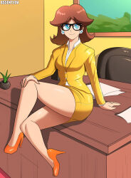 1girl assentlov blue_eyes breasts brown_hair chair crossed_legs desk_lamp earrings flower_earrings full_body glasses grin high_heels jewelry lamp legs looking_at_viewer mario_(series) nintendo princess_daisy shiny_skin sitting skirt smile tomboy