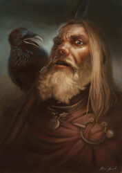 1boy artist_name beard bird blue_eyes crow facial_hair headshot highres holding holding_polearm holding_weapon huginn_(mythology) jewelry looking_at_viewer male_focus muninn_(mythology) necklace norse_mythology odin_(mythology) one-eyed open_mouth polearm sarmati scar scar_on_face short_hair signature solo spear triskelion weapon white_hair