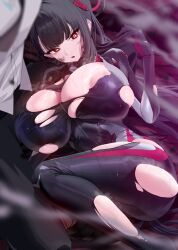 1boy 1girl areola_slip black_bodysuit black_hair blue_archive blunt_bangs bodysuit breasts bright_pupils halo highres huge_breasts long_hair official_alternate_costume open_mouth red_eyes rio_(blue_archive) rio_(bodysuit)_(blue_archive) solo solo_focus thighs torn_bodysuit torn_clothes white_pupils xiujia_yihuizi