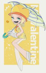 +++ 1girl aqua_eyes blonde_hair character_name commentary_request dress earrings food-themed_earrings food_print food_themed_earrings fruit_print full_body gloves hat heart holding holding_umbrella jewelry lemon_earrings lemon_print miss_valentine one_piece ri_1357 shoes sleeveless sleeveless_dress smile solo teeth umbrella upper_teeth_only white_gloves white_shoes yellow_background yellow_hat