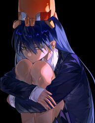 1girl absurdres black_background blue_hair chinese_commentary commentary_request conch_(gundam) cynosury9328948 earrings gundam gundam_gquuuuuux half-closed_eyes highres hugging_own_legs jacket jewelry long_hair long_sleeves non-humanoid_robot nyaan_(gundam_gquuuuuux) robot school_uniform shirt simple_background skirt solo yellow_eyes