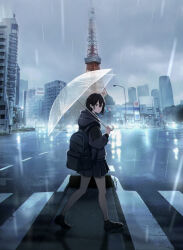1girl backpack bag black_hair black_jacket black_skirt city crosswalk grey_eyes highres holding holding_umbrella jacket lamppost looking_at_viewer original overcast people rain real_world_location road sakeharasu skirt sky street tokyo_tower tower traffic_light umbrella walking