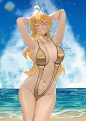 Rule 34 | 1girl, armpits, arms behind head, arms up, beach, black one-piece swimsuit, blue sky, blush, breasts, cleft of venus, cloud, collarbone, eyebrows, eyelashes, feet out of frame, female focus, grin, highres, large breasts, legs together, long hair, looking at viewer, navel, ocean, one-piece swimsuit, pink eyes, ponytail, rwby, sand, sky, slingshot swimsuit, smile, solo, standing, swimsuit, teeth, two-tone one-piece swimsuit, water, wide hips, yang xiao long, yellow one-piece swimsuit, zuu (zuuzu)