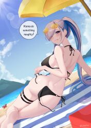 1girl :p absurdres alternate_costume arm_support ass back barefoot beach beach_umbrella bikini black_bikini blue_eyes blue_hair blue_nails blue_sky breasts bright_pupils colored_inner_hair commentary crab day dutch_angle earrings english_commentary english_text eyewear_on_head fanged_bangs from_behind girarikyo gradient_nails green_nails grey_hair hair_over_one_eye halterneck highres holding_strap hololive hololive_indonesia jewelry large_breasts lens_flare long_hair looking_at_viewer looking_back median_furrow multicolored_hair nail_polish o-ring o-ring_bikini outdoors paid_reward_available pavolia_reine shoulder_blades side-tie_bikini_bottom sky soles solo speech_bubble string_bikini sunglasses swept_bangs swimsuit teasing thigh_strap tinted_eyewear tongue tongue_out twintails umbrella untied_bikini_bottom very_long_hair virtual_youtuber white_pupils yellow-tinted_eyewear