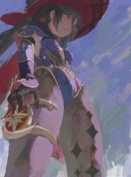 Rule 34 | 1girl, absurdres, armor, black gloves, breasts, daodtt, embroidery, from below, fur trim, genshin impact, gloves, gold embroidery, gold thighlet, gold trim, hair between eyes, hat, highleg, highleg leotard, highres, leotard, mona (genshin impact), shoulder armor, small breasts, solo, twintails, vambraces, witch hat