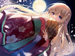 1girl bare_shoulders blonde_hair blush commentary_request cosplay covering_own_mouth floral_print flower folding_fan full_moon hair_between_eyes hair_flower hair_ornament hakka_(suimya) hand_fan holding holding_fan japanese_clothes kimono long_hair long_sleeves looking_at_viewer moon night night_sky off_shoulder original petals pink_flower print_kimono purple_eyes red_kimono sky solo suimya very_long_hair white_flower wide_sleeves