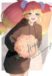 1girl :d anniversary black_hoodie bouquet commentary english_commentary flower green_hair highres holding holding_bouquet hood hoodie long_hair long_sleeves looking_at_viewer multicolored_hair open_mouth pink_flower pink_hair purple_eyes second-party_source smile solo stronny_cuttles symbol-shaped_pupils two-tone_hair vallure virtual_youtuber waltz_w_me zoom_layer