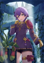 1girl bernadetta_von_varley bernadetta_von_varley_(timeskip) black_shorts blush breasts dress earrings fire_emblem fire_emblem:_three_houses gloves grey_eyes hair_ornament highres jewelry long_sleeves medium_breasts mugitoro_(dsfv2277) nintendo open_mouth plant potted_plant pouch purple_dress purple_eyes purple_hair short_hair shorts smile solo thigh_pouch thighs yellow_gloves