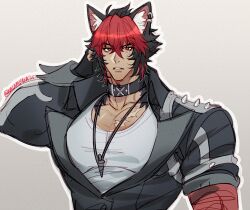 1boy absurdres animal_ears bara black_choker black_jacket choker dog_boy ear_piercing highres jacket jewelry komano_manato large_pectorals looking_at_viewer male_focus multicolored_hair multiple_scars muscular muscular_male nalamicha necklace open_mouth pectorals piercing scar scar_on_face shirt short_hair solo white_shirt zenless_zone_zero