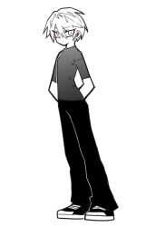 1boy androgynous bishounen eyeliner full_body greyscale high_school_boy highres hong_iltak looking_at_viewer makeup male_focus monochrome pants parkgee red_eyeliner sanpaku shoes short_hair simple_background sneakers solo spot_color white_background