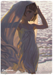 1girl alphonse_(white_datura) beach blunt_bangs brown_eyes brown_hair cloth dress english_text evening flat_chest highres original solo sundress