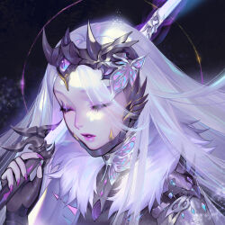 Rule 34 | 1girl, black gloves, closed eyes, commentary, eyeshadow, facing down, fingerless gloves, fingernails, fur trim, gloves, grey hair, halo, halo behind head, hand up, headpiece, highres, holding, holding sword, holding weapon, long fingernails, long hair, makeup, orange sekaii, original, parted lips, pink eyeshadow, pink lips, sharp fingernails, shoulder spikes, solo, spanish commentary, spikes, sword, weapon