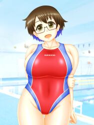 2020s 2025 ass blue_hair blurry blurry_background blush breasts brown_eyes brown_hair competition_school_swimsuit competition_swimsuit glasses gluteal_fold huge_breasts imari_youko indoor_pool large_breasts looking_at_viewer multicolored_hair navel one-piece_swimsuit pool rectangular_eyewear ruri_no_houseki school_swimsuit short_hair smile swimsuit tan tanline thick_thighs thighs tsukasa_susumu water
