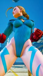 1girl 3d antenna_hair bare_shoulders blonde_hair blue_eyes blue_hat blue_leotard braid breasts cammy_white clenched_hand covered_navel curvy fighting_stance gloves groin hat highleg highleg_leotard highres large_breasts leotard lips long_hair red_gloves ryona screencap shiny_clothes solo street_fighter street_fighter_v thighs third-party_edit thong_leotard twin_braids very_long_hair wide_hips