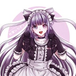 1girl :d akiba_hinagiku apron black_choker black_dress black_gloves blunt_bangs choker clenched_hands commentary_request dress elbow_gloves gloves grey_eyes grey_hair heterochromia highres long_hair looking_at_viewer maid maid_apron maid_headdress merona_0914 open_mouth paw_pose pink_eyes smile solo teeth tribe_nine twitter_username upper_body upper_teeth_only white_apron