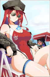 Rule 34 | 2girls, bare shoulders, beach umbrella, black hair, black hat, black jacket, blue fire, blue hair, blush stickers, bound, bound wrists, breasts, closed mouth, colored inner hair, commentary, competition swimsuit, cuffs, day, elizabeth rose bloodflame, elizabeth rose bloodflame (holonatsu paradise), english commentary, fingernails, fire, handcuffs, hat, highleg, highleg one-piece swimsuit, highres, hololive, hololive english, holonatsu paradise, jacket, joeboto, large breasts, long hair, long sleeves, mole, mole under eye, multicolored hair, multiple girls, nail polish, nerissa ravencroft, nerissa ravencroft (holonatsu paradise), off shoulder, official alternate costume, one-piece swimsuit, open clothes, open jacket, outdoors, peaked cap, police hat, red eyes, red hair, red nails, red one-piece swimsuit, sitting, solo focus, sunglasses, swimsuit, thigh strap, thighs, two-tone hair, umbrella, very long hair, virtual youtuber