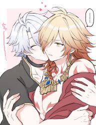 Rule 34 | ..., 2boys, antenna hair, arm tattoo, bare pectorals, black choker, black shirt, blonde hair, border, braid, chest tattoo, choker, closed eyes, commentary request, earrings, facial tattoo, gold earrings, gold necklace, gradient hair, hair between eyes, highres, honkai: star rail, honkai (series), hug, jacket, jewelry, large pectorals, male focus, medium hair, multicolored hair, multiple boys, mydei (honkai: star rail), necklace, off shoulder, open clothes, open jacket, outside border, pectorals, phainon (honkai: star rail), pink background, red hair, red jacket, red tattoo, same wallhit, shirt, short hair, side braid, spoken ellipsis, tattoo, white border, white hair, yaoi, yellow eyes