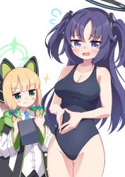 &gt;:) 2girls animal_ear_headphones animal_ears aqua_necktie bare_arms bare_shoulders black_hairband black_halo black_jacket black_one-piece_swimsuit black_shorts blonde_hair blue_archive blunt_bangs blush blush_stickers bow breasts buttons cat_ear_headphones cat_ears cleavage closed_mouth collarbone collared_shirt commentary_request covered_navel cowboy_shot drawing_tablet dress_shirt embarrassed fake_animal_ears flying_sweatdrops furrowed_brow green_bow green_eyes green_halo green_jacket groin hair_bow hairband halo headphones highleg highleg_one-piece_swimsuit highres holding holding_drawing_tablet holding_stylus hood hood_down hooded_jacket jacket long_hair long_sleeves looking_at_viewer low-tied_sidelocks mechanical_halo medium_breasts medium_hair midori_(blue_archive) multicolored_jacket multiple_girls necktie one-piece_swimsuit open_clothes open_jacket open_mouth own_hands_together parted_bangs purple_eyes purple_hair red_pupils school_swimsuit school_uniform shirt shorts sidelocks simple_background smile sparkle steepled_fingers stylus swimsuit thigh_gap two_side_up unbuttoned unbuttoned_jacket untucked_shirt v-shaped_eyebrows white_background white_jacket white_shirt yuki_(user_tjvn3757) yuuka_(blue_archive)